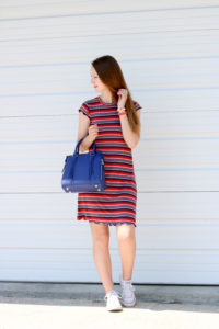 for the love of glitter, stripe dress, blue bag, spring style