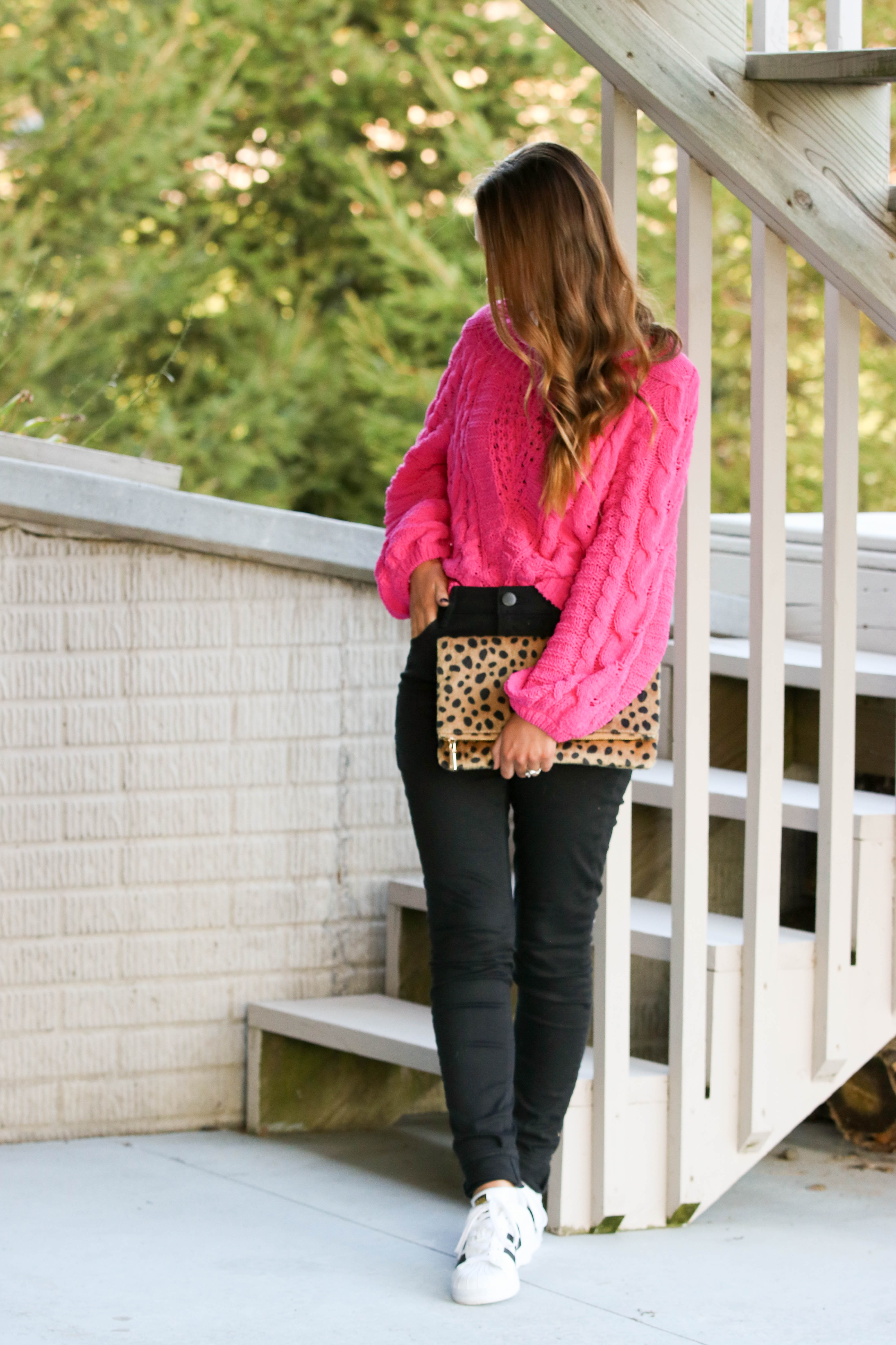 pink knit sweater outfit