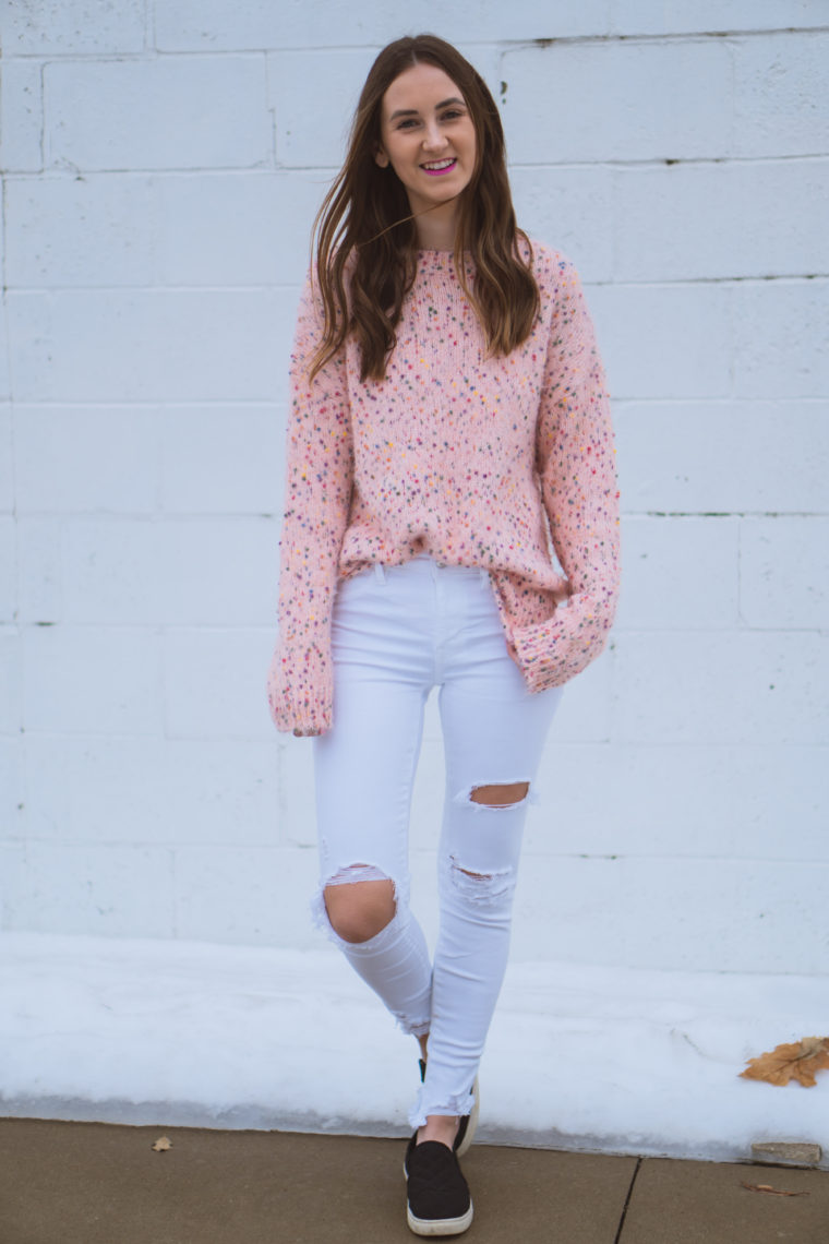 pink fuzzy sweater outfit